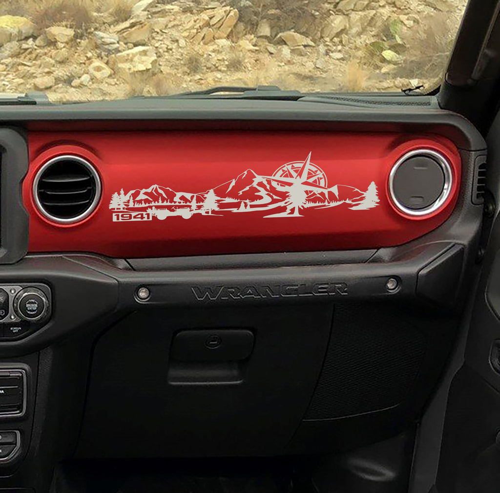 Light grey 1941 Willys mountain compass dashboard decal on Jeep JL, peaks compass pines artwork