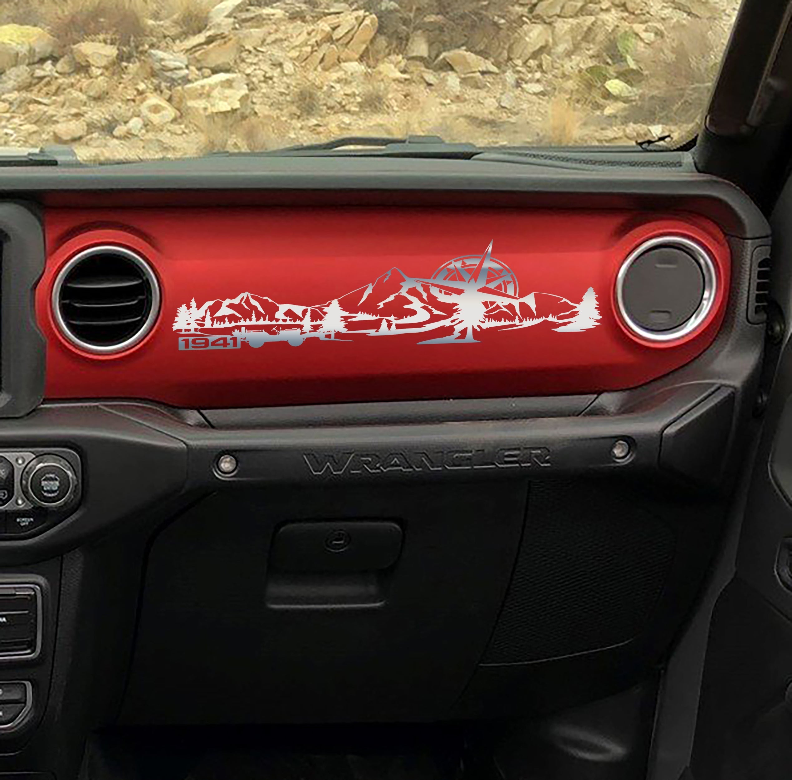 Silver 1941 Willys mountain compass dashboard decal on Jeep JL, peaks compass pines silhouette