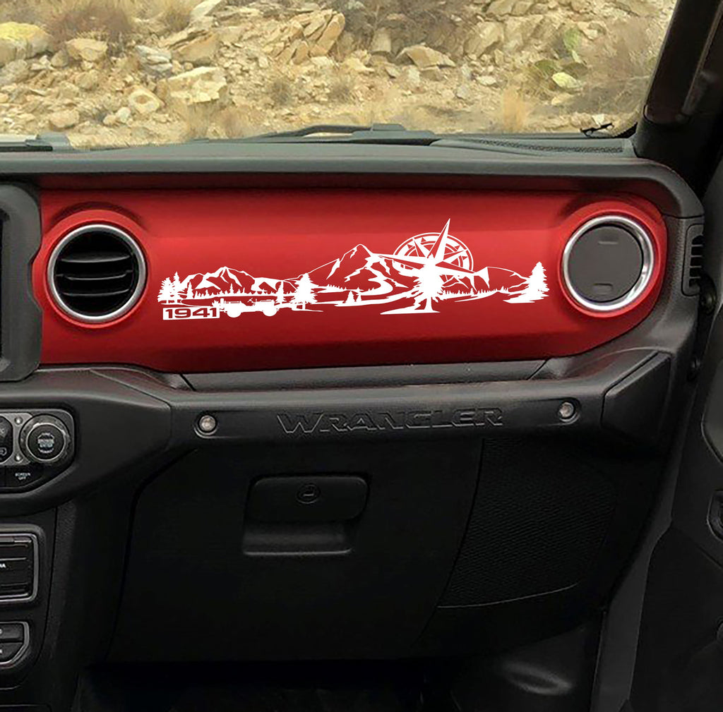 White 1941 Willys mountain compass dashboard decal on Jeep JL, peaks compass pines silhouette