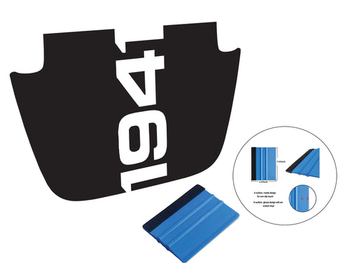 1941 Jeep hood blackout decal in black vinyl shown without washer cutouts and blue squeegee