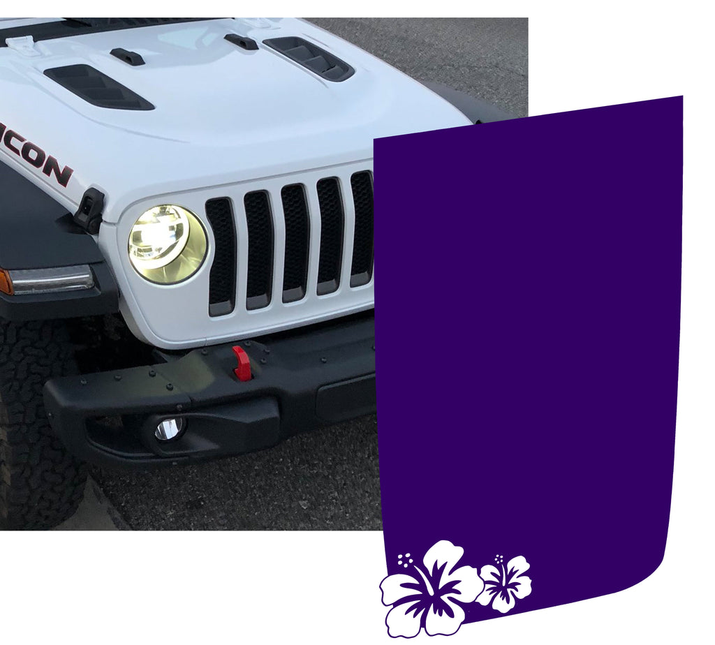 Vibrant purple hibiscus flower power-dome blackout hood decal shown on white Jeep Wrangler JL Rubicon