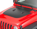 Matte black blackout hood vinyl decal applied to red Jeep Wrangler JL with cowl vents and scoops