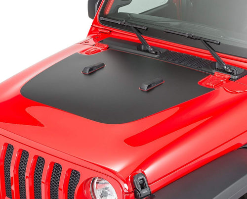 Matte black blackout hood vinyl decal applied to red Jeep Wrangler JL with cowl vents and scoops
