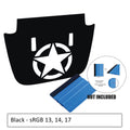 Black Alpha Romeo Military Star blackout hood decal on grey Jeep JL/JT with washer cutouts and winged emblem