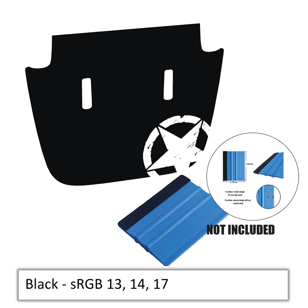 Black Distressed Alpha Romeo V2 corner star blackout hood decal on grey Jeep JL/JT with washer cutout layout