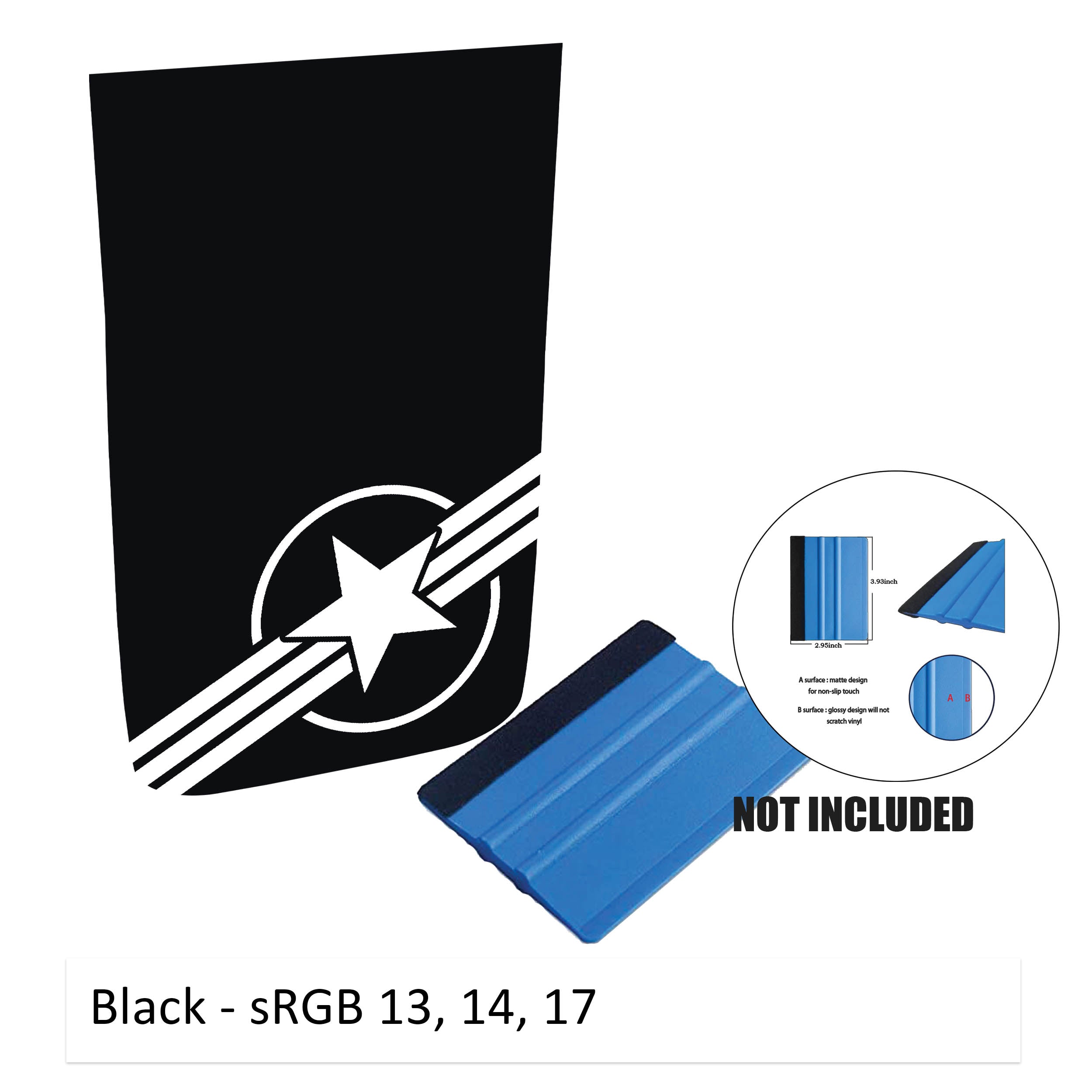 Black corner Rubicon hood decal with US roundel v2 design shown flat without washer cutouts plus color card