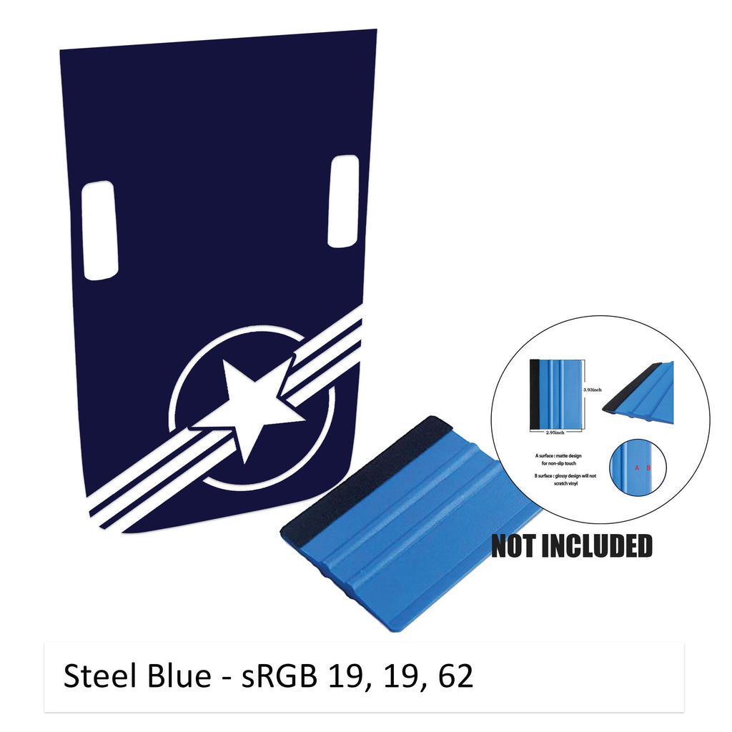 Steel blue corner Rubicon hood decal with US roundel v2 design shown flat with washer cutouts and color card