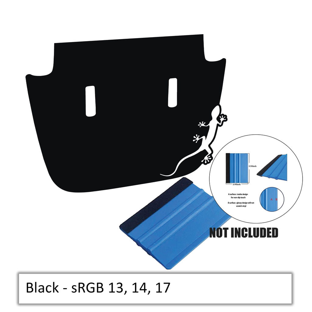 Black hood decal flat product photo featuring side-profile crawling gecko lizard cutout and color sample card