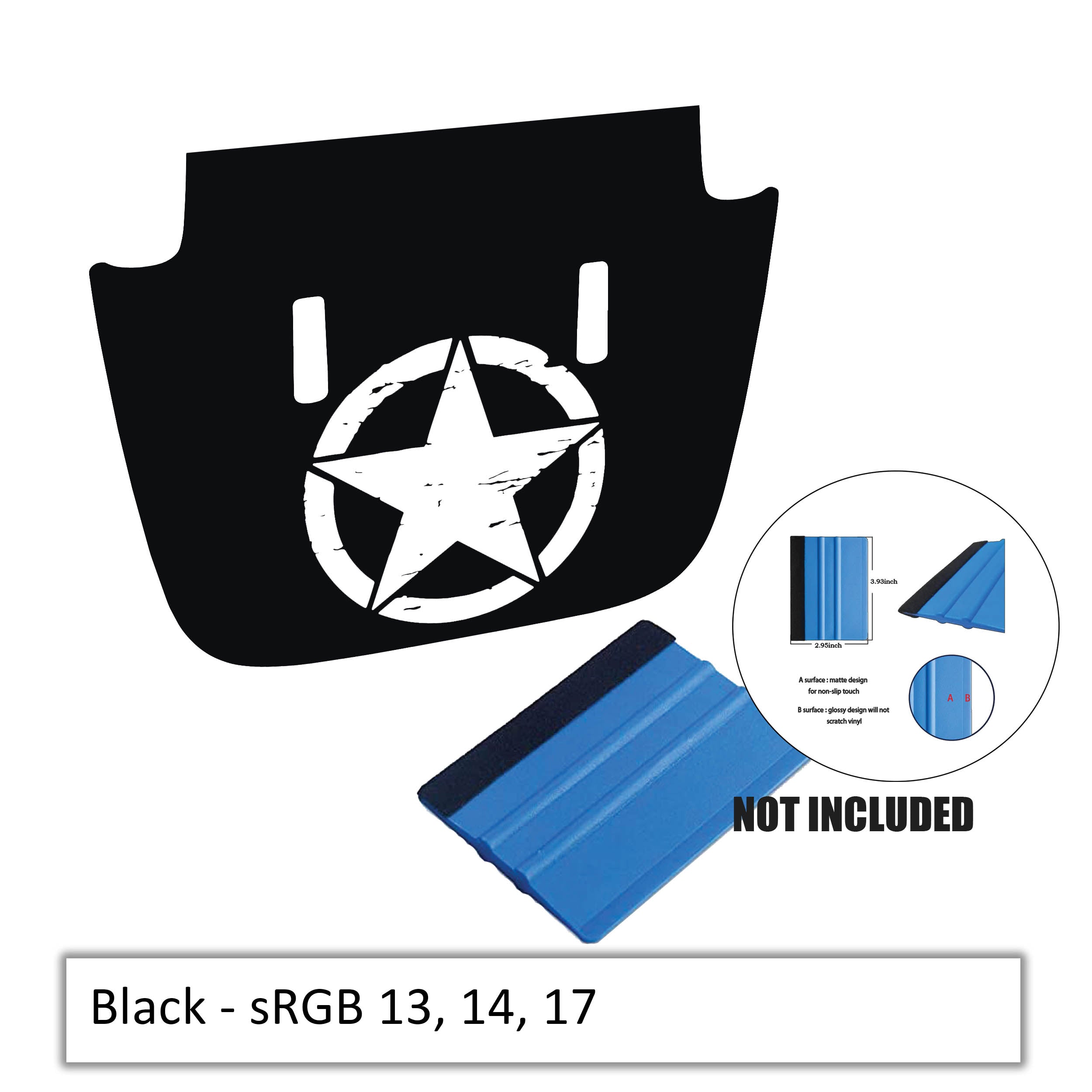 Black Distressed Alpha Romeo Military Star blackout hood decal on grey Jeep JL/JT with washer cutout layout