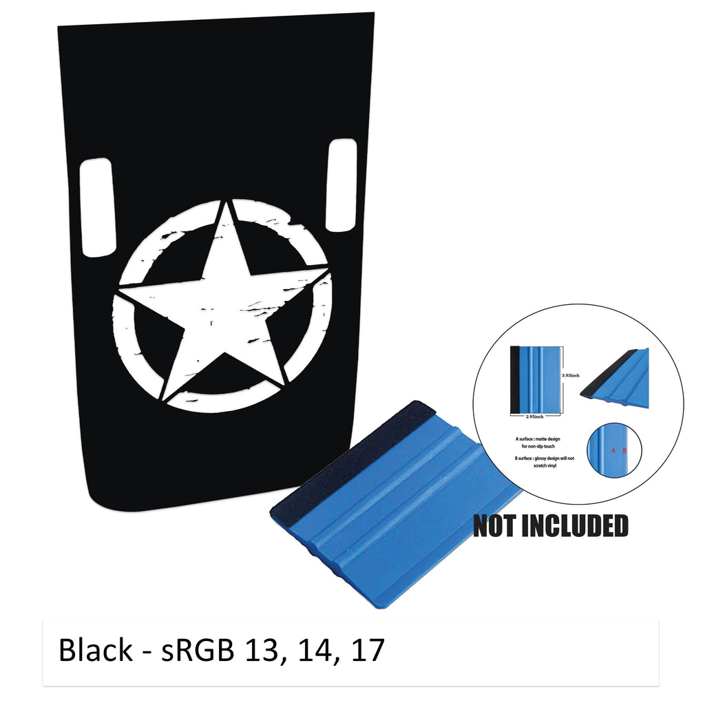 Black Rubicon hood decal featuring distressed Alpha Romeo military star plus washer cutouts and color card