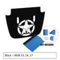 Black hood decal flat product shot showing Gladiator Alpha Romeo star emblem and Oracal color reference card