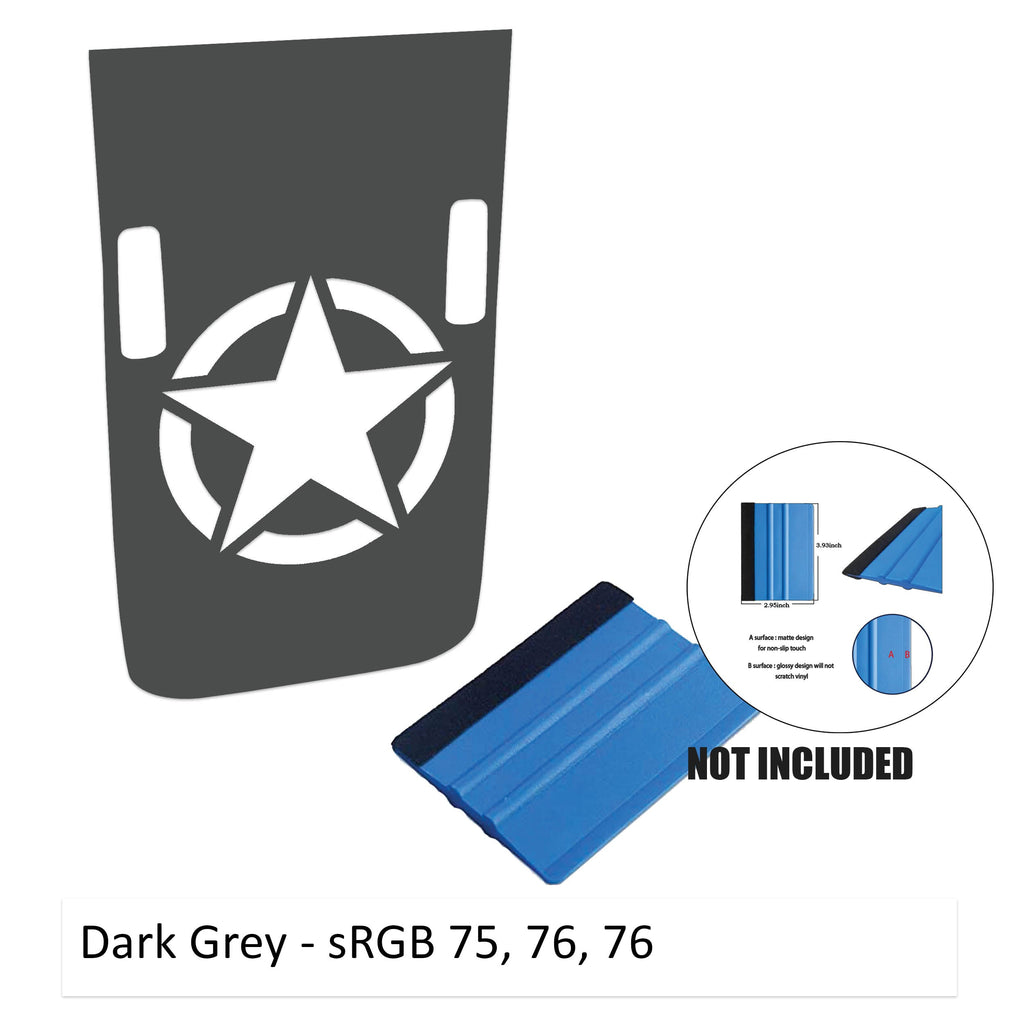 Dark gray Rubicon hood decal featuring Alpha Romeo military star with washer cutouts and color sample card