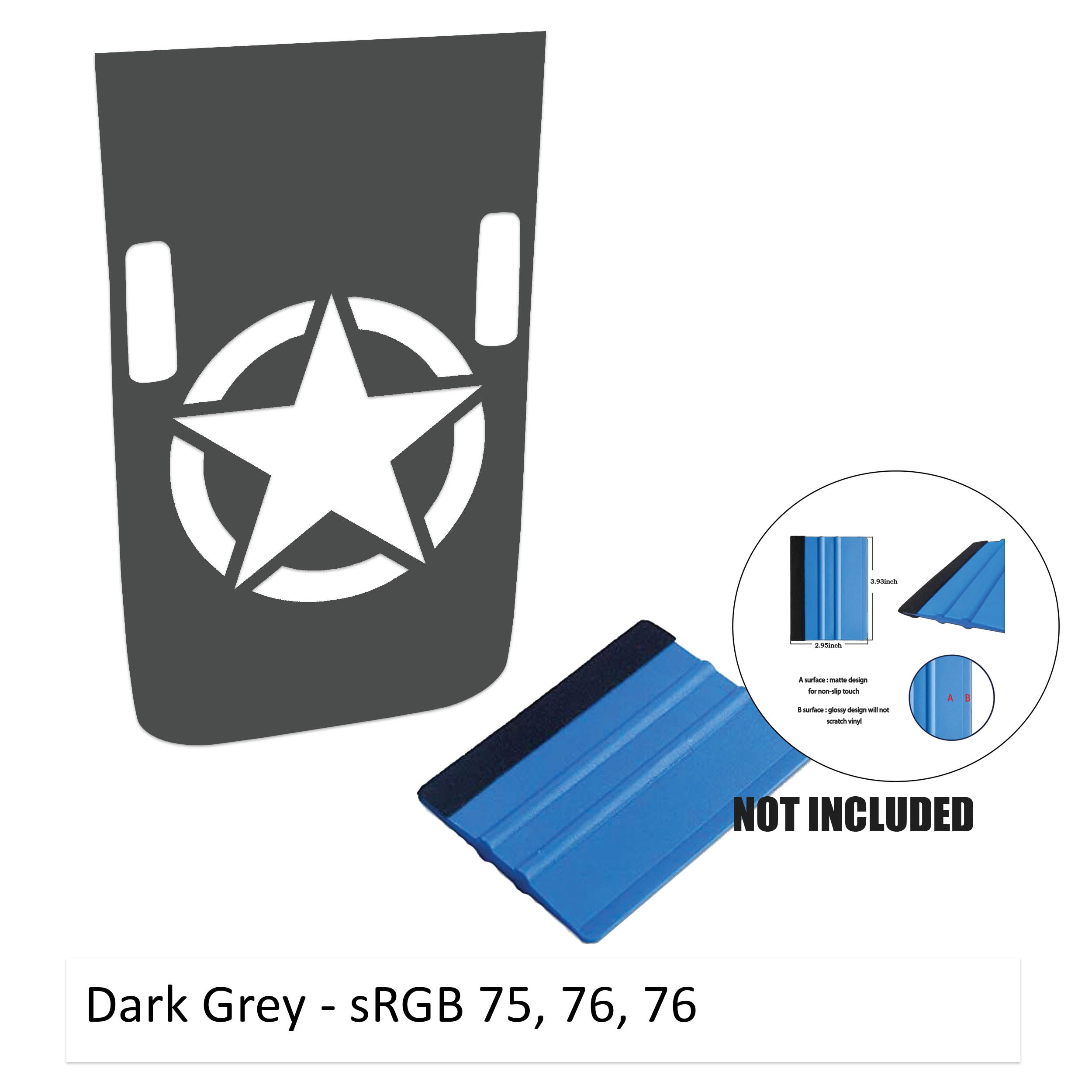 Dark gray Rubicon hood decal featuring Alpha Romeo military star with washer cutouts and color sample card