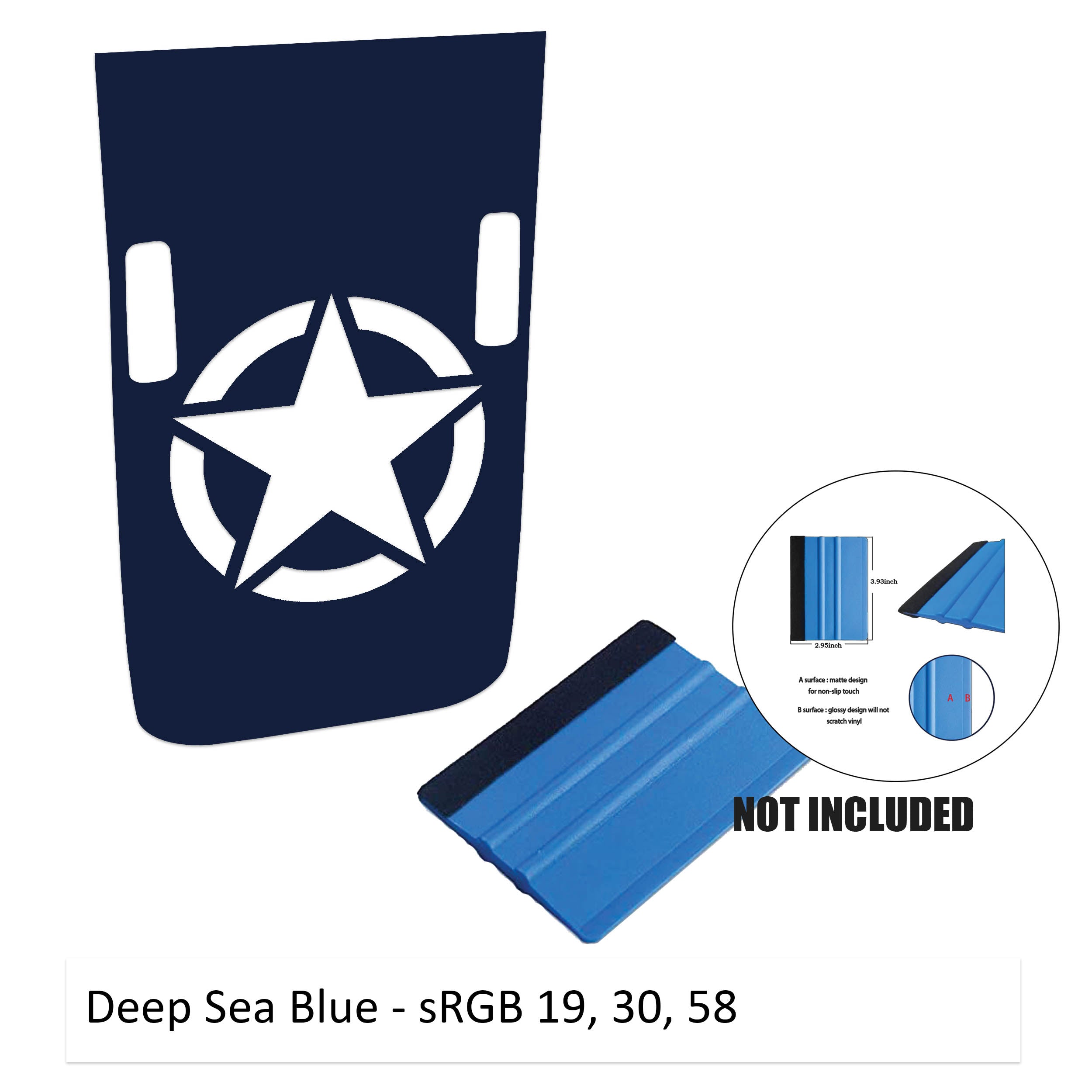 Deep sea blue Rubicon hood decal featuring Alpha Romeo military star with washer cutouts and color sample