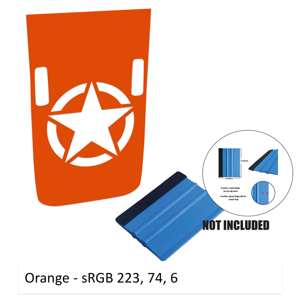 Orange Rubicon hood decal featuring Alpha Romeo military star with washer cutouts and Oracal color reference