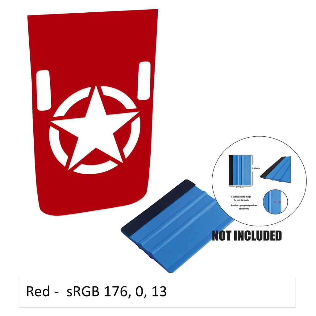 Red Rubicon hood decal featuring Alpha Romeo military star with cowl washer cutouts and color reference card