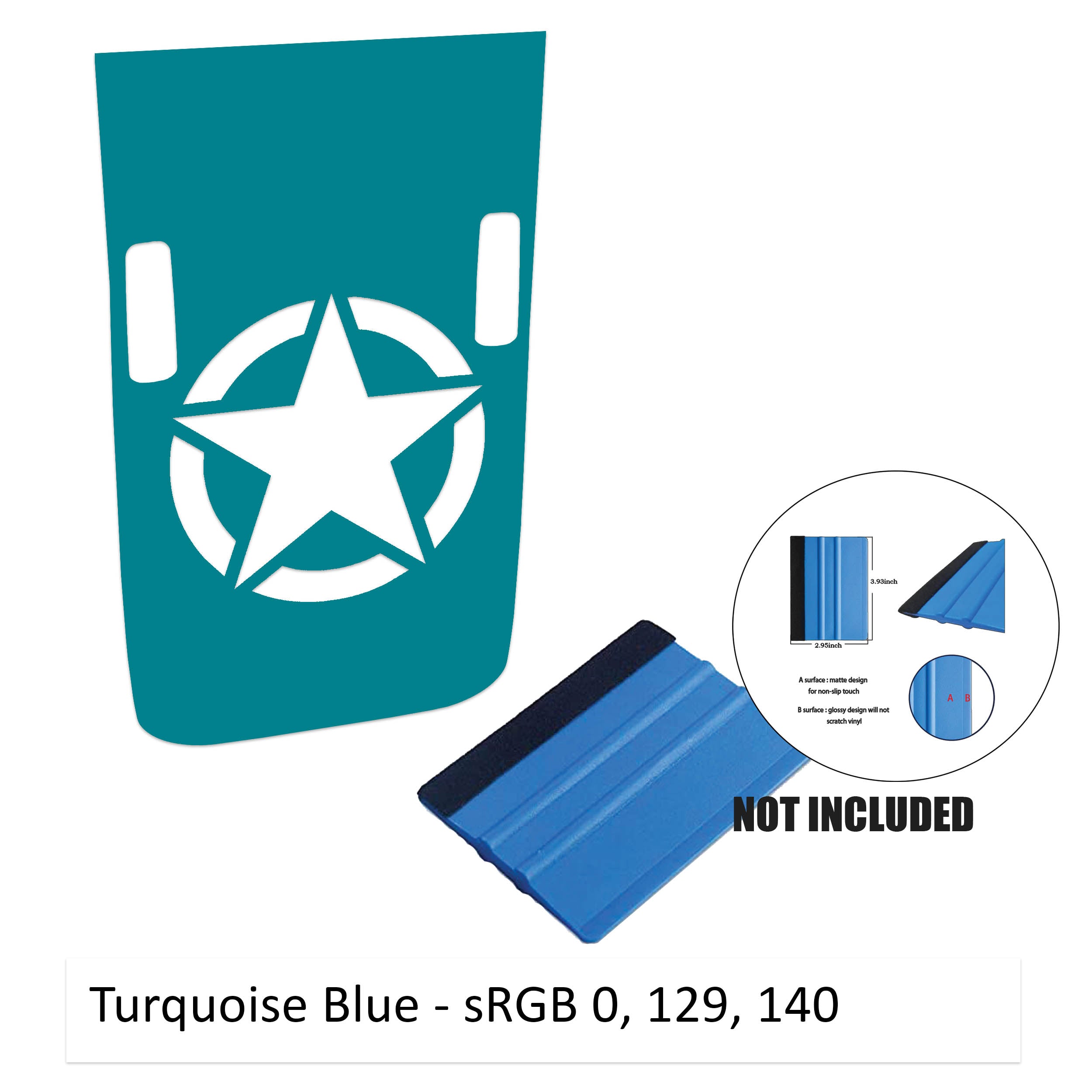 Turquoise Rubicon hood decal featuring Alpha Romeo military star with washer cutouts and color sample card