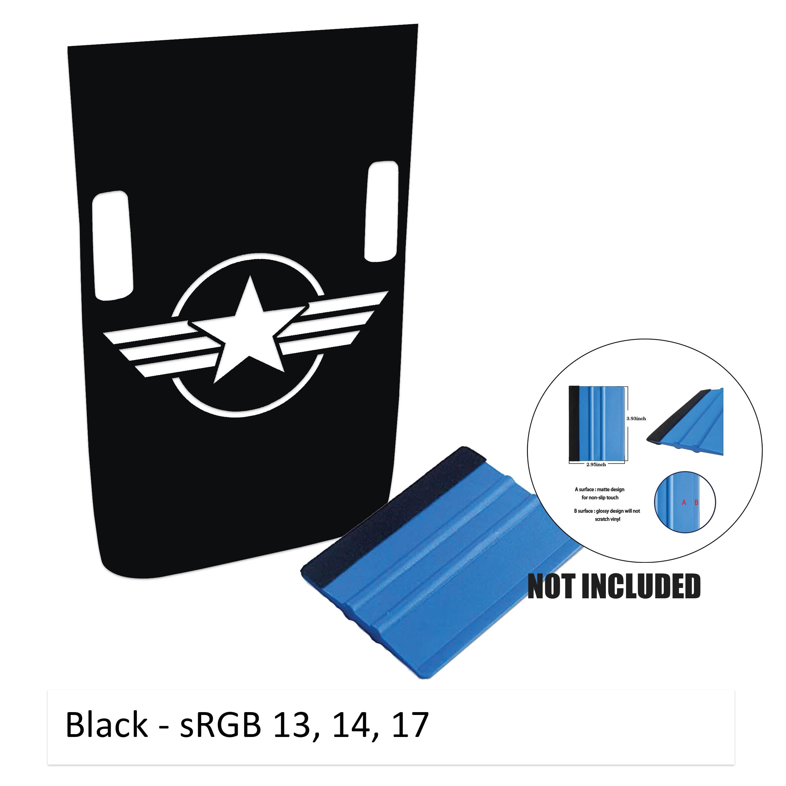 Black Rubicon hood decal featuring full US military roundel emblem with cowl washer cutouts and color sample