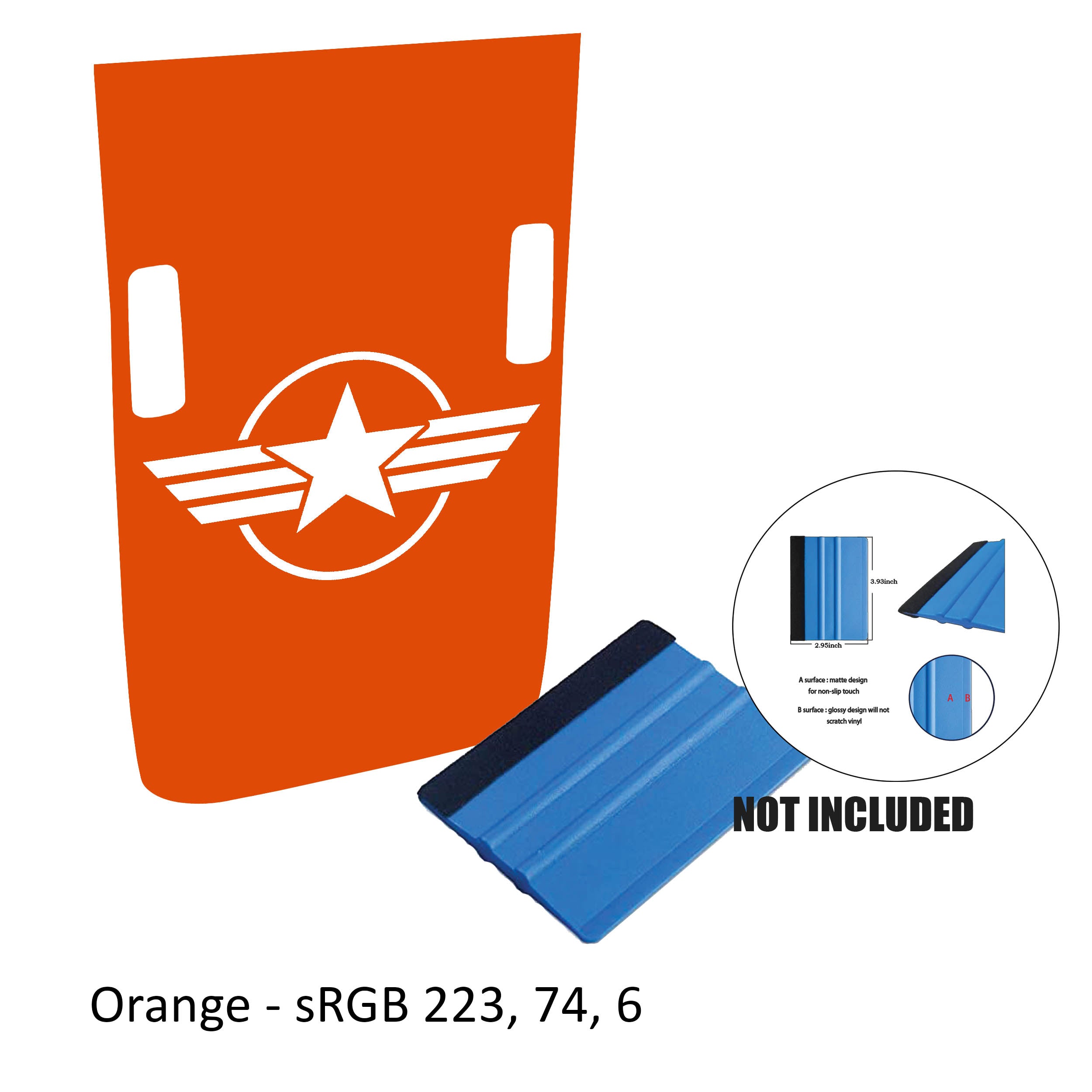 Orange Rubicon hood decal featuring full US military roundel emblem with washer cutouts and color sample card