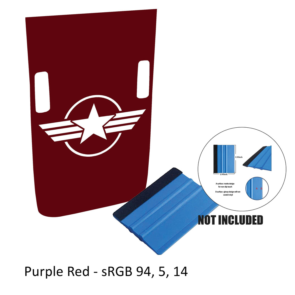 Purple red Rubicon hood decal with full US military roundel emblem with washer cutouts and color reference