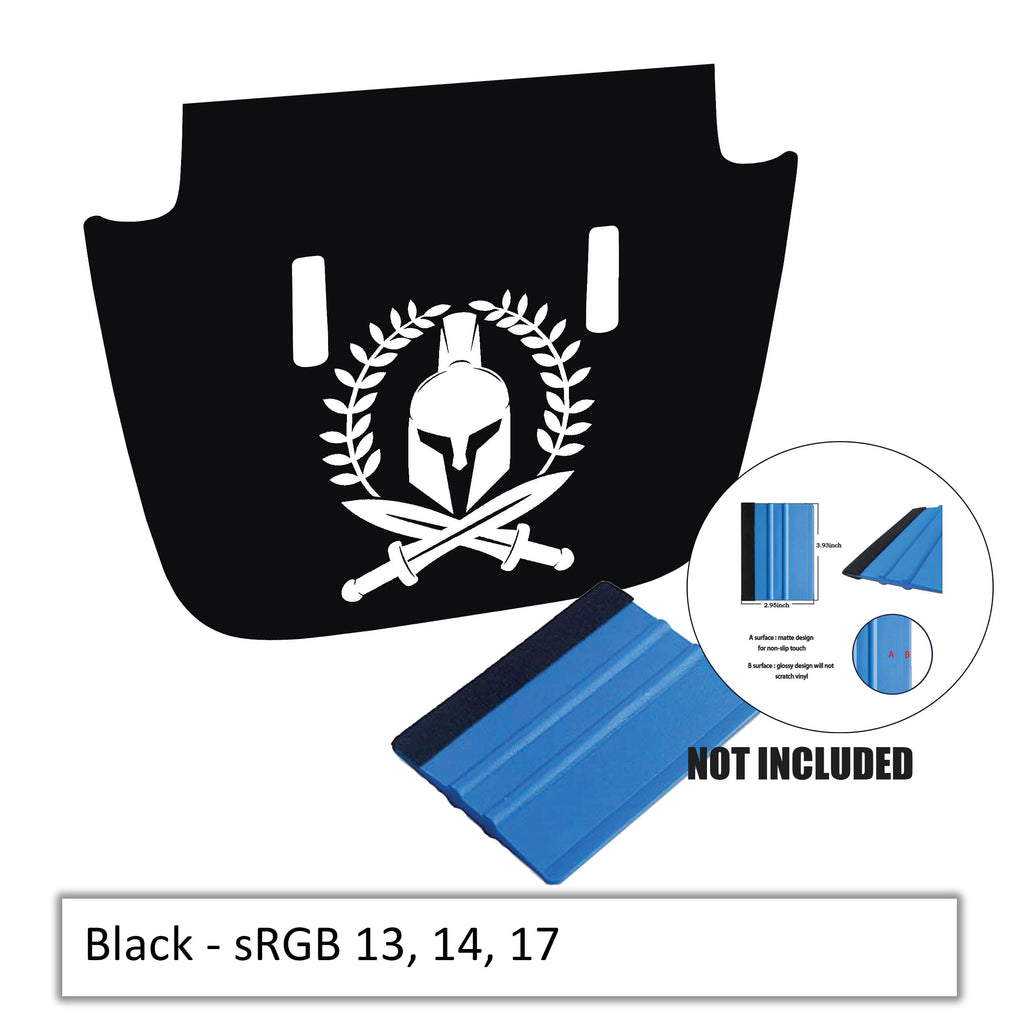 Black Spartan Laurel Leaf blackout hood decal on grey Jeep JL/JT with washer cutouts and helmet wreath art