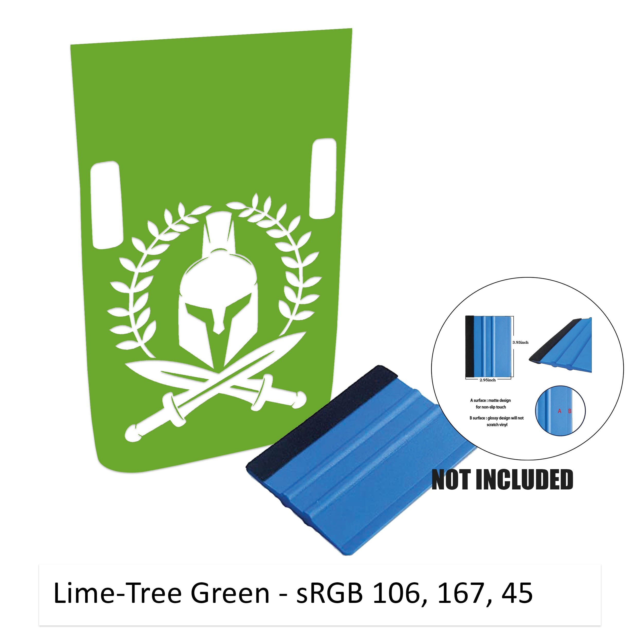 Lime green Rubicon hood decal featuring Spartan helmet with laurel wreath and crossed swords plus color card