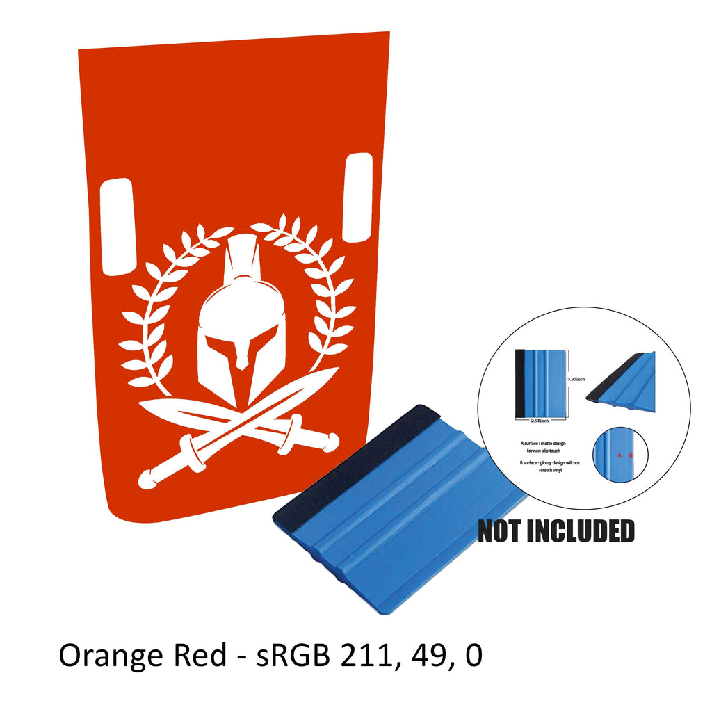 Orange red Rubicon hood decal showing Spartan helmet with laurel wreath and crossed swords plus color card