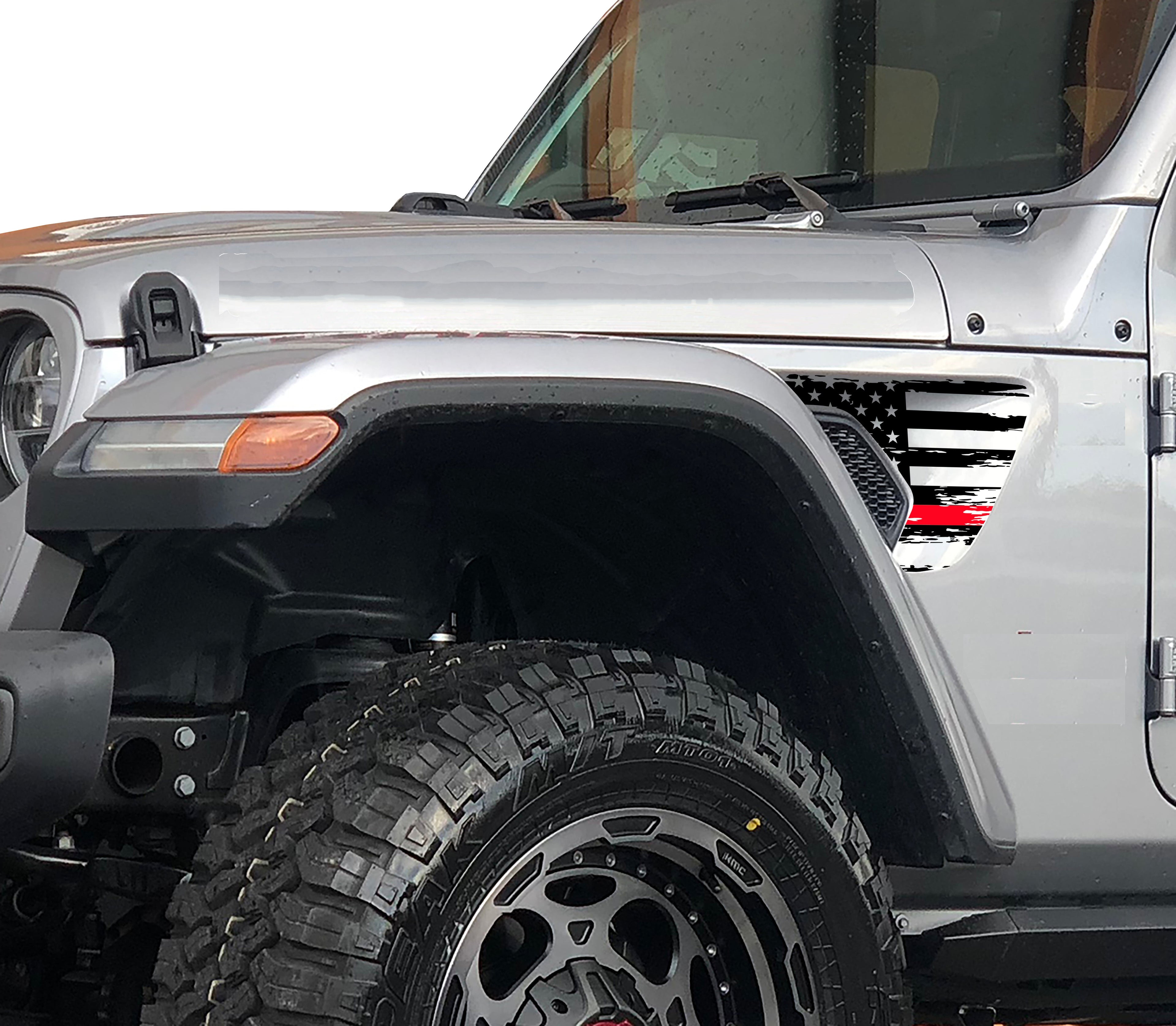 Black distressed tattered American flag fender vent vinyl decal applied to JL billet vent