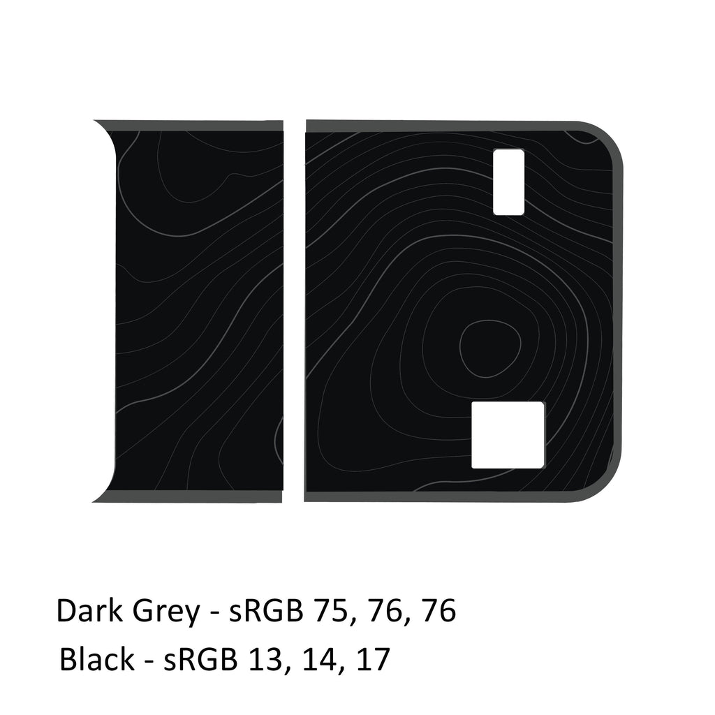 Dark gray topographic bordered blackout tailgate decal pictured on JL Wrangler rear door