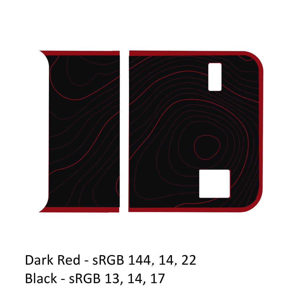Dark red and black topographic bordered blackout JL Wrangler tailgate decal close-up view
