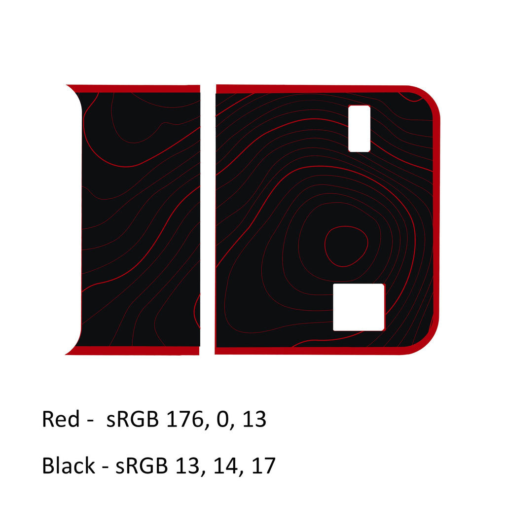 Dark red and black topographic bordered blackout tailgate decal pictured on a JL Wrangler tailgate