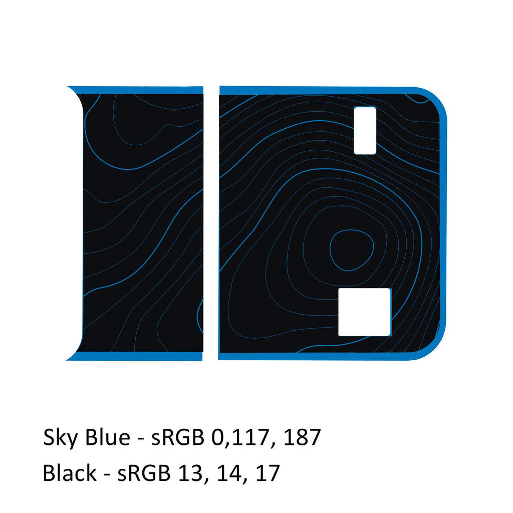 Sky blue and black topographic bordered blackout 2-color tailgate decal pictured on JL Wrangler