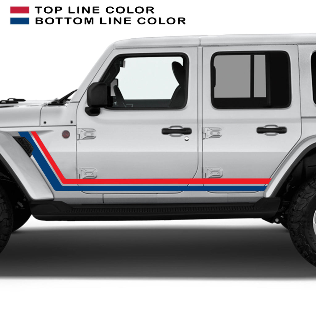 Red and blue retro body stripe kit on white Jeep Wrangler JLU 4-door 2018+ side body graphic