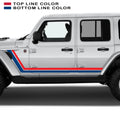 Red and blue retro body stripe kit on white Jeep Wrangler JLU 4-door 2018+ side body graphic