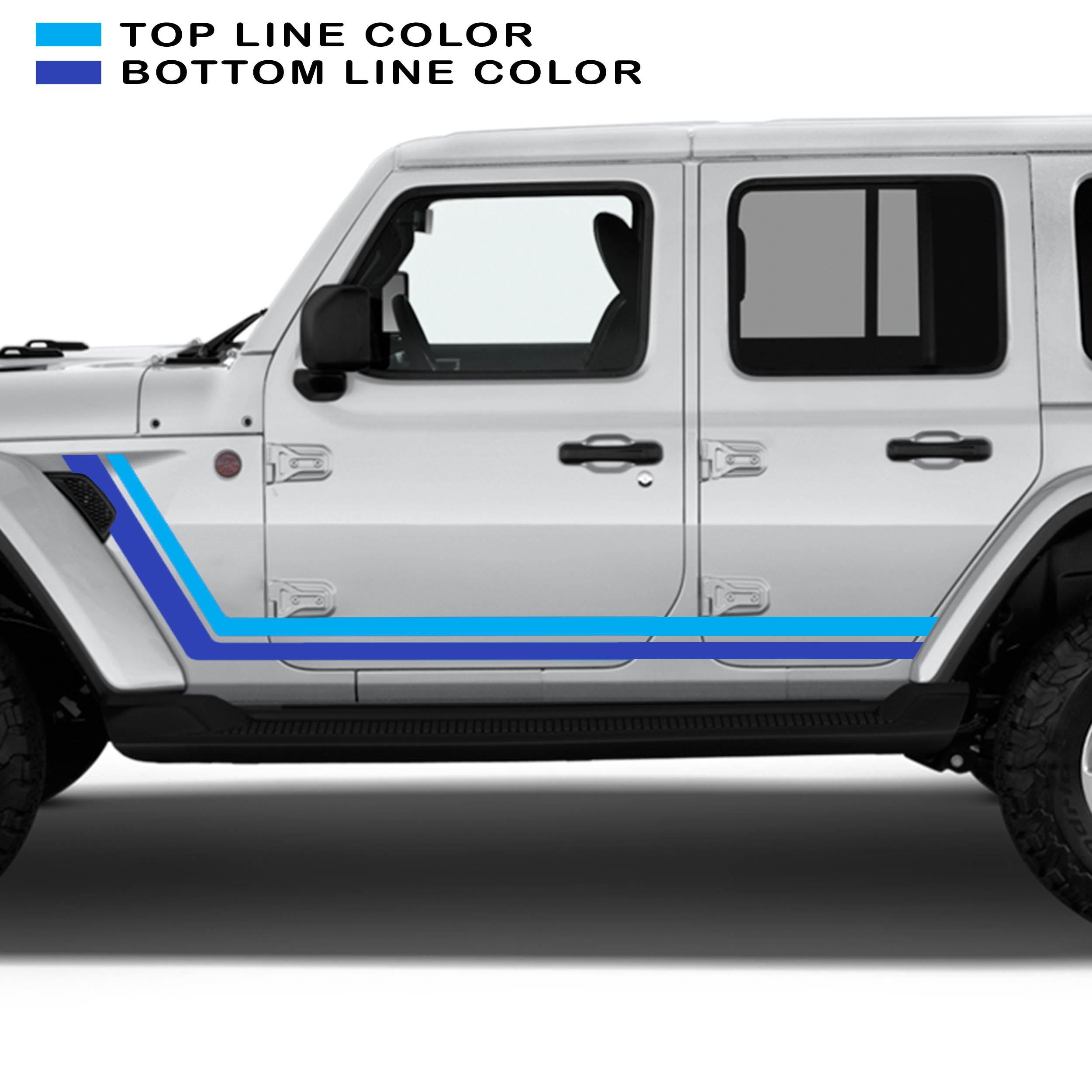 Light blue and dark blue retro body stripe kit on white Jeep Wrangler JLU 4-door 2018+ panel