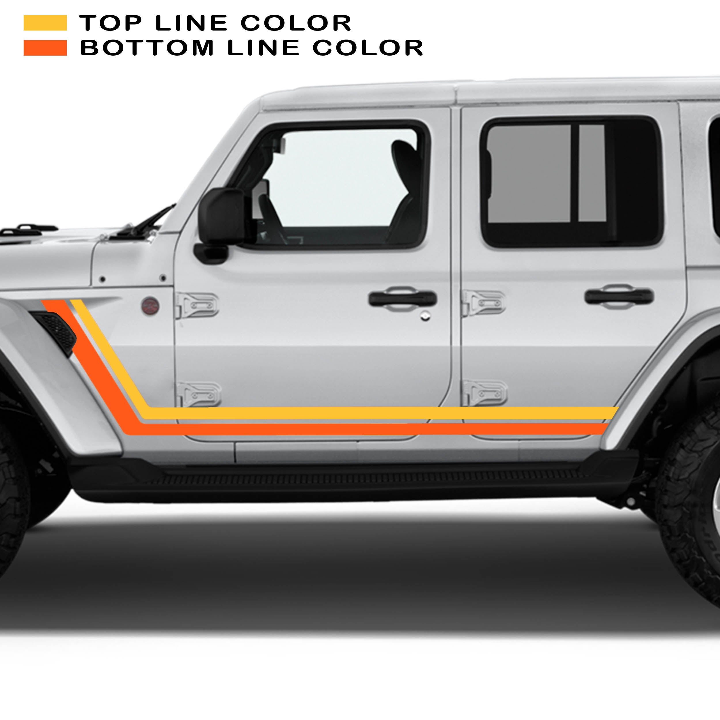Yellow and orange retro body stripe kit on white Jeep Wrangler JLU 4-door 2018+ side panels