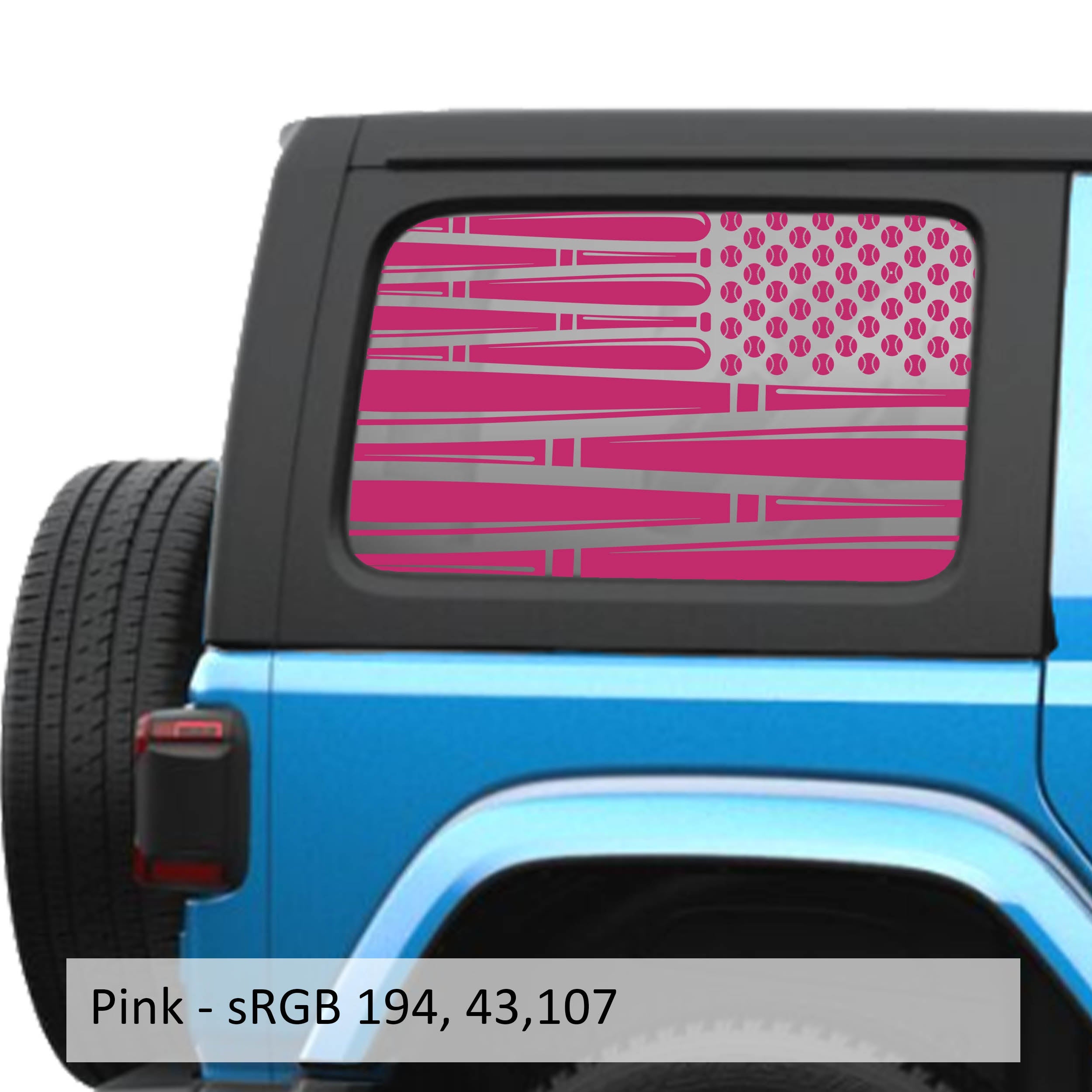 Pink baseball-bat-and-ball flag JLU 2018+ hardtop window decal set with mirrored passenger and driver versions