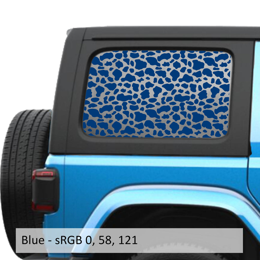 Blue cow print pattern decal preview on JLU rear quarter window Jeep Wrangler 2018+