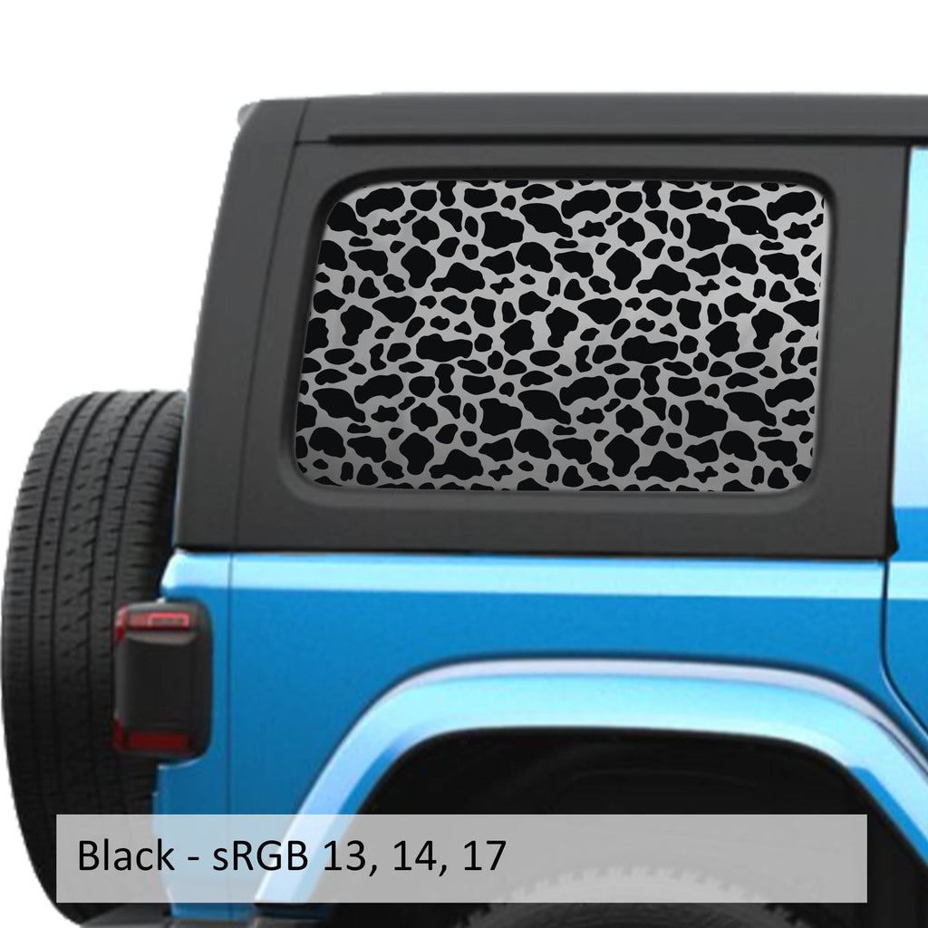 Black cow print pattern decal preview on JLU rear quarter window Jeep Wrangler 2018+