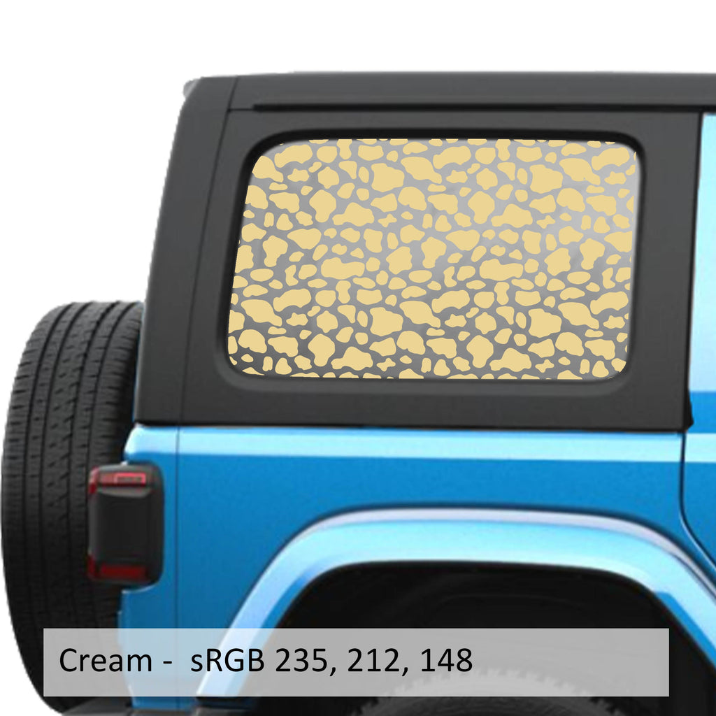 Cream cow print pattern decal preview on JLU rear quarter window Jeep Wrangler 2018+
