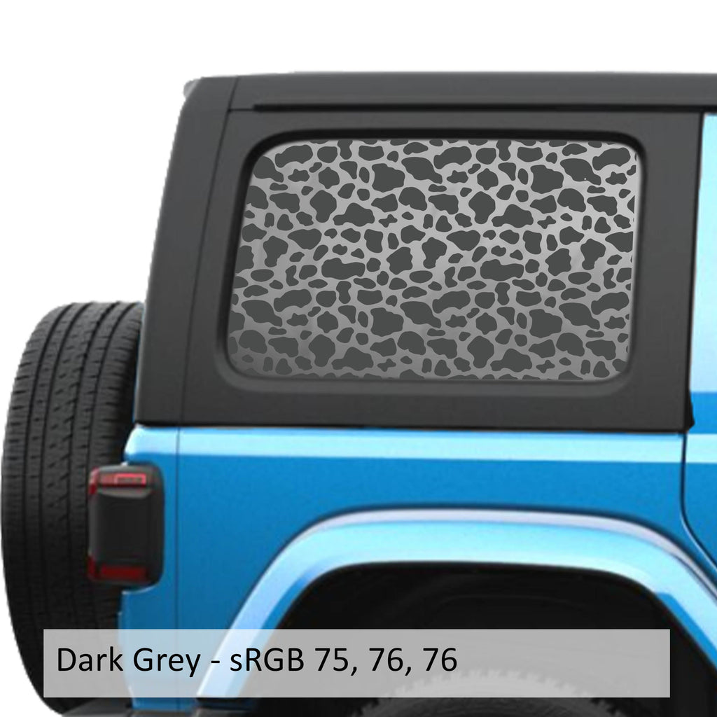 Dark Gray cow print pattern decal preview on JLU rear quarter window Jeep Wrangler 2018+