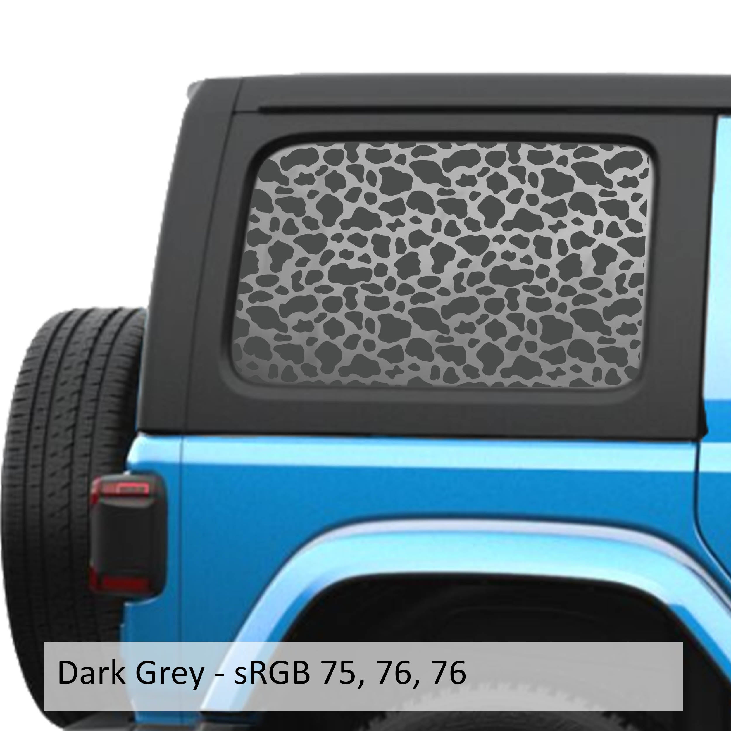 Dark Gray cow print pattern decal preview on JLU rear quarter window Jeep Wrangler 2018+