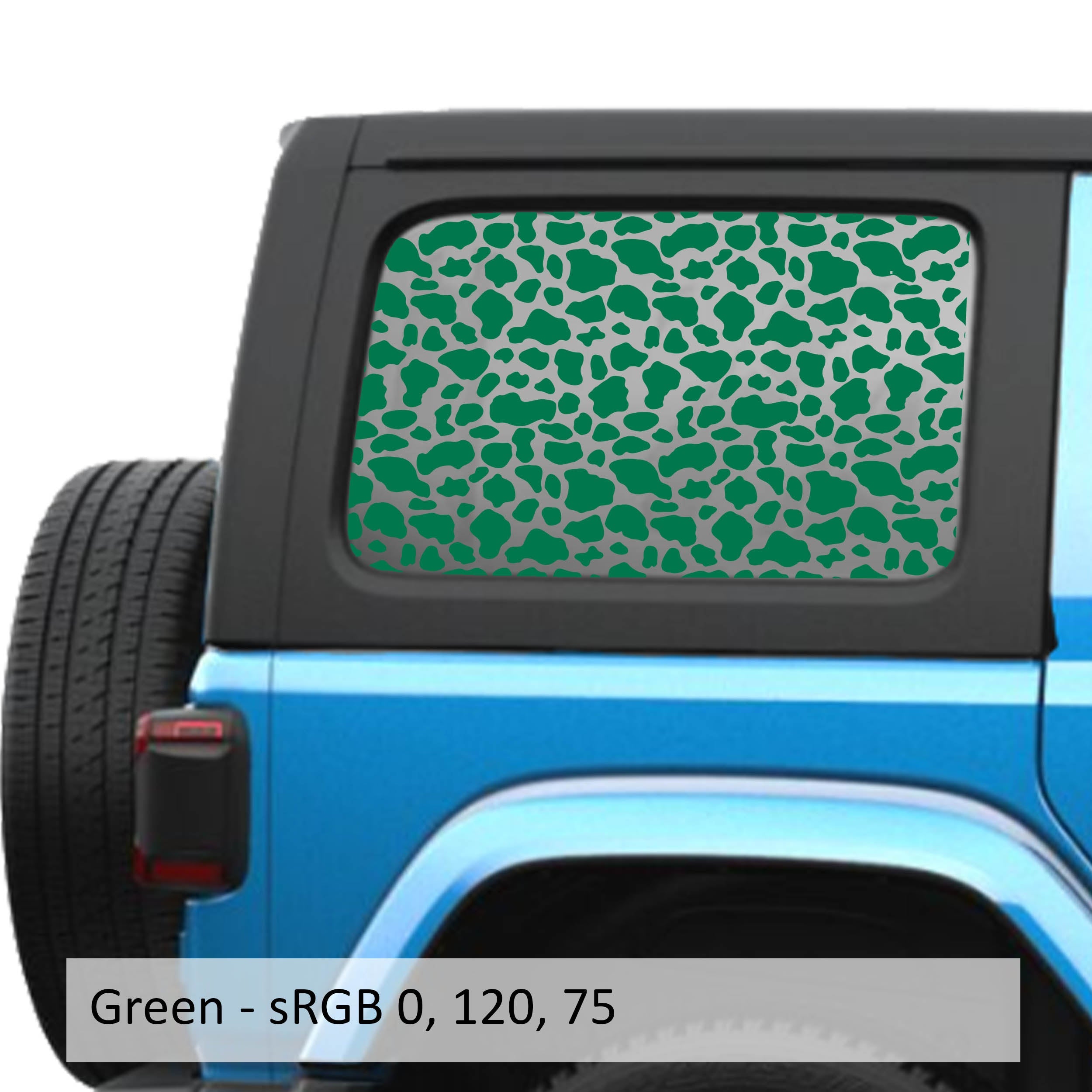 Green cow print pattern decal preview on JLU rear quarter window Jeep Wrangler 2018+