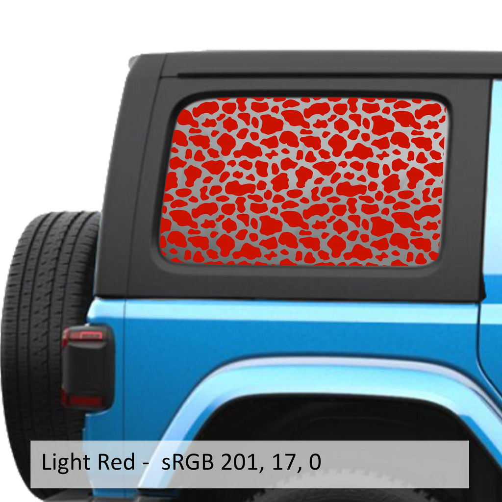 Light Red cow print pattern decal preview on JLU rear quarter window Jeep Wrangler 2018+