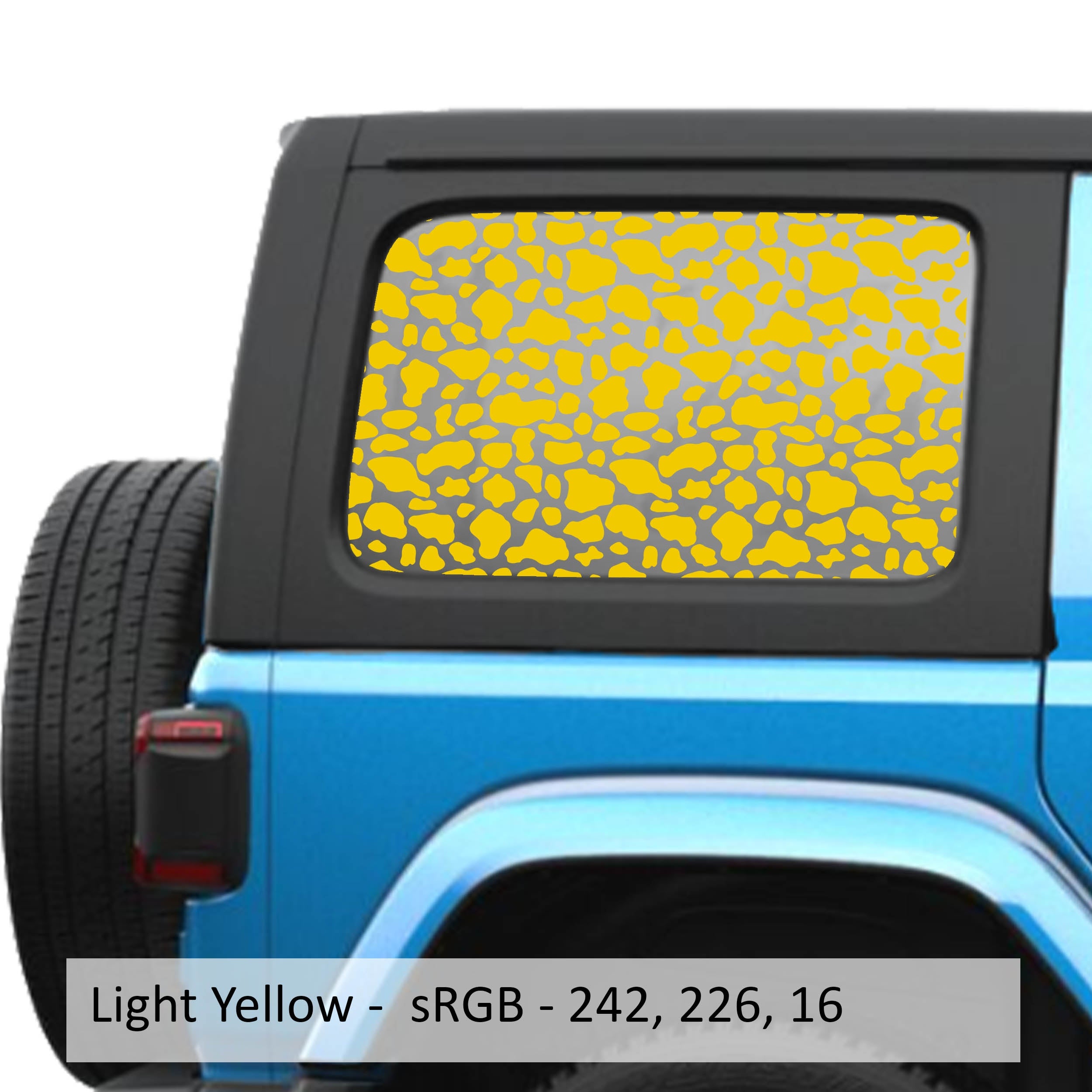 Light Yellow cow print pattern decal preview on JLU rear quarter window Jeep Wrangler 2018+