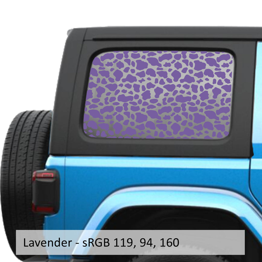 Lavender cow print pattern decal preview on JLU rear quarter window Jeep Wrangler 2018+