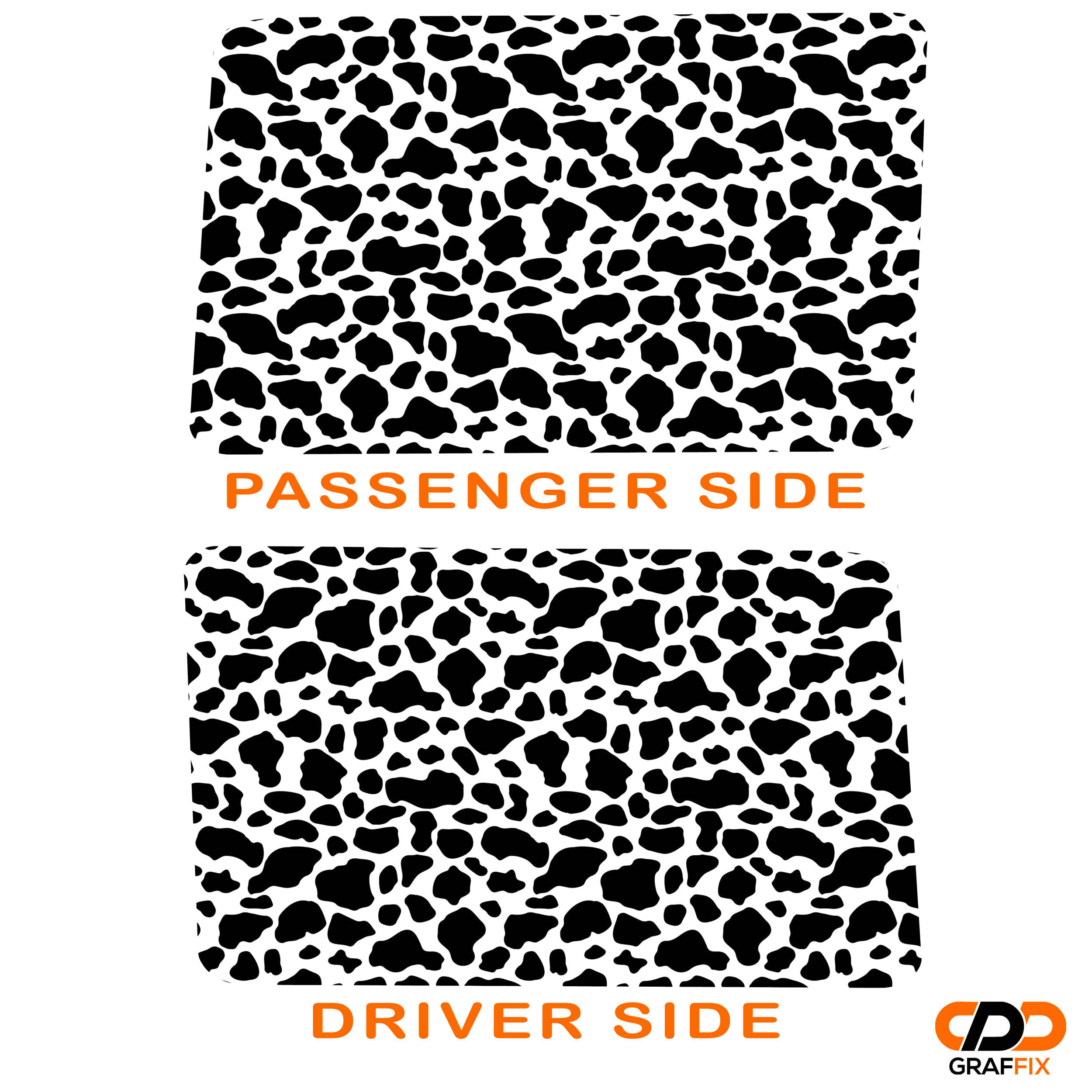 Cow print pattern JLU hardtop rear quarter window decal on blue Jeep Wrangler 2018+