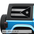 Black Puerto Rico flag decal preview on JLU rear quarter window Jeep Wrangler 2018+
