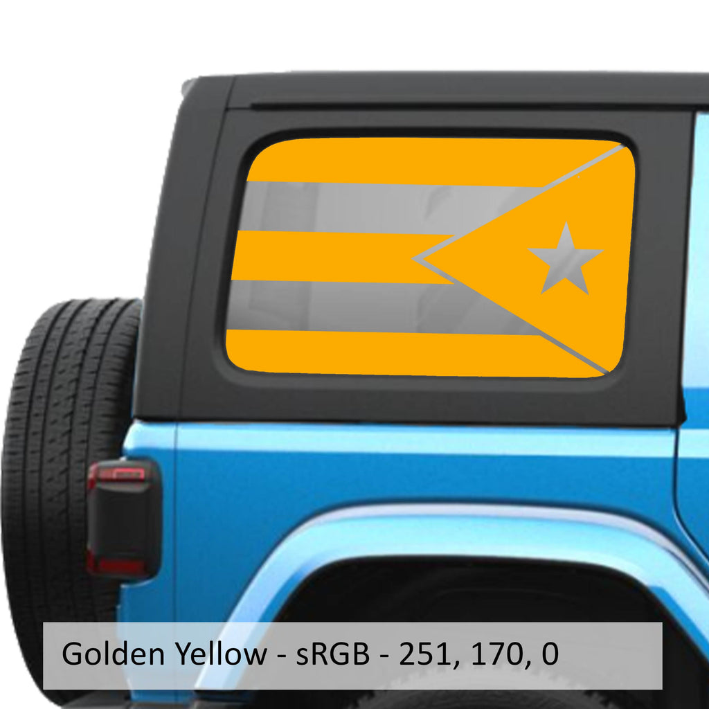 Gold Yellow Puerto Rico flag decal preview on JLU rear quarter window Jeep Wrangler 2018+