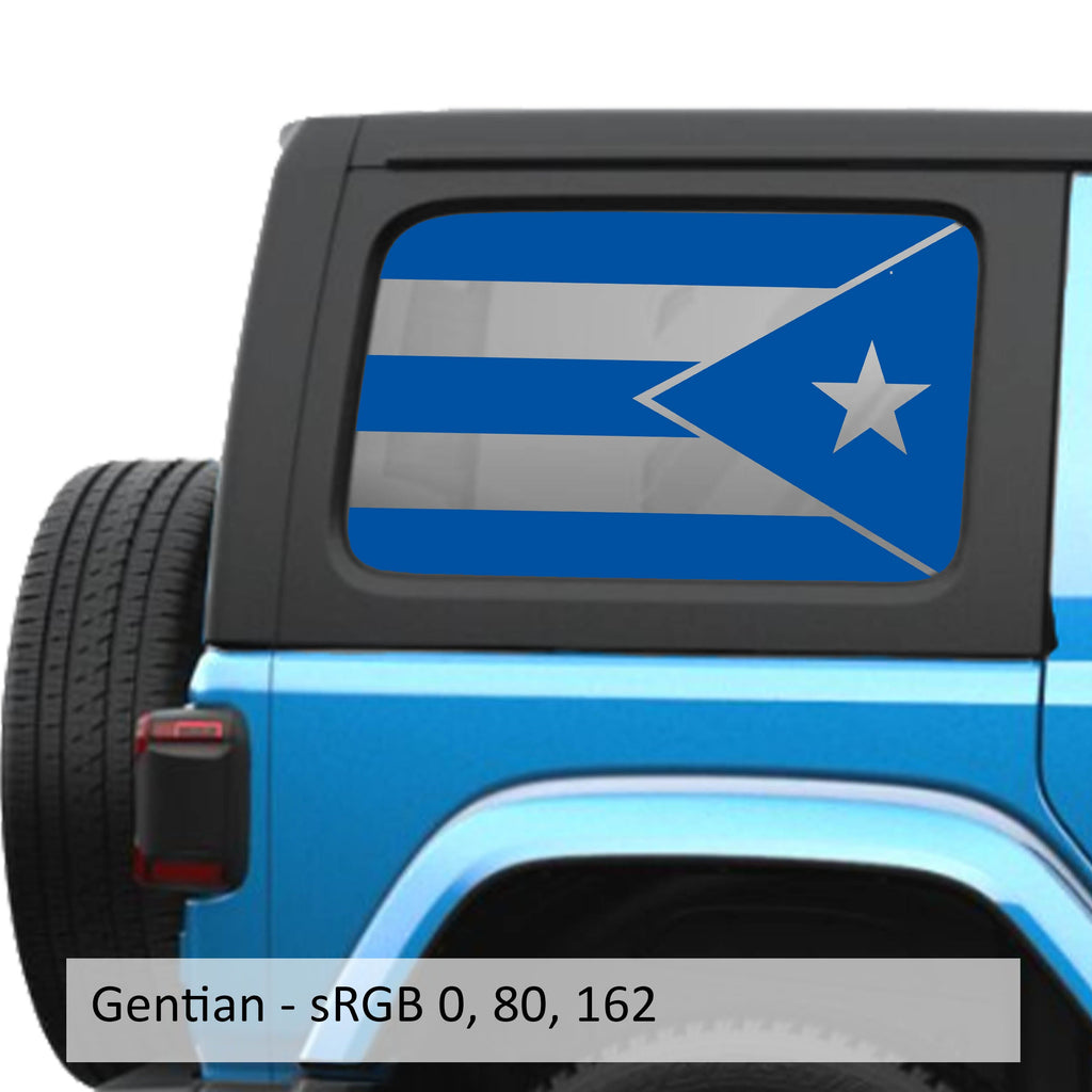 Gentian Blue Puerto Rico flag decal preview on JLU rear quarter window Jeep Wrangler 2018+